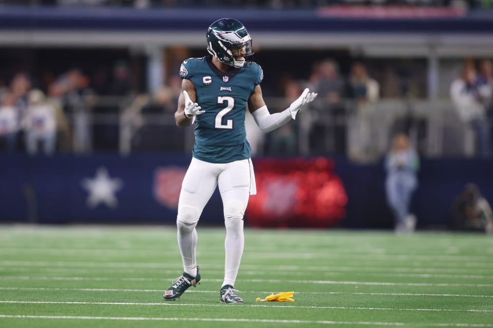 Dec 10, 2023; Arlington, Texas, USA; Philadelphia Eagles cornerback <a class="link " href="https://sports.yahoo.com/nfl/players/26659" data-i13n="sec:content-canvas;subsec:anchor_text;elm:context_link" data-ylk="slk:Darius Slay;sec:content-canvas;subsec:anchor_text;elm:context_link;itc:0">Darius Slay</a> (2) reacts after being called for pass interference against the Dallas Cowboys in the first quarter at AT&T Stadium. Mandatory Credit: Tim Heitman-USA TODAY Sports