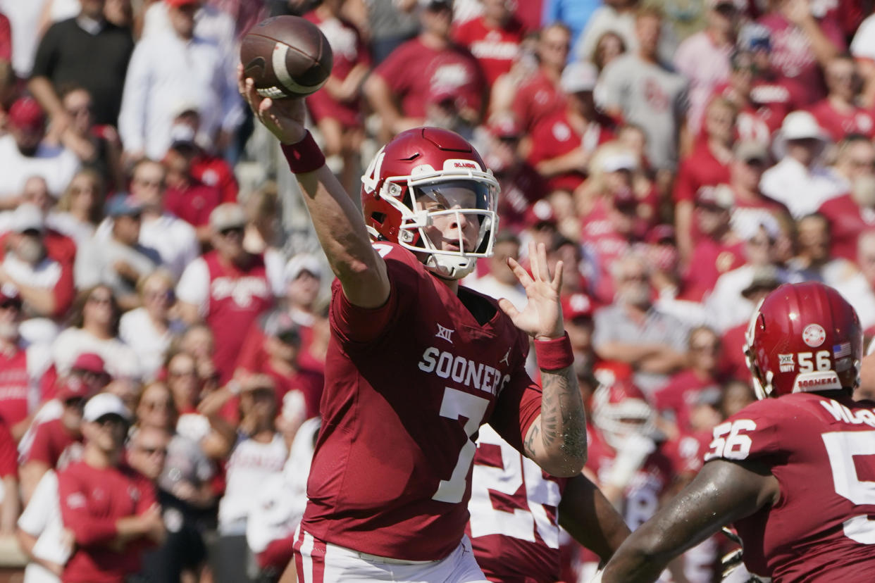 Oklahoma quarterback Spencer Rattler (7) throws during an NCAA college football game against Nebraska, Saturday, Sept. 18, 2021, in Norman, Okla. (AP Photo/Sue Ogrocki)