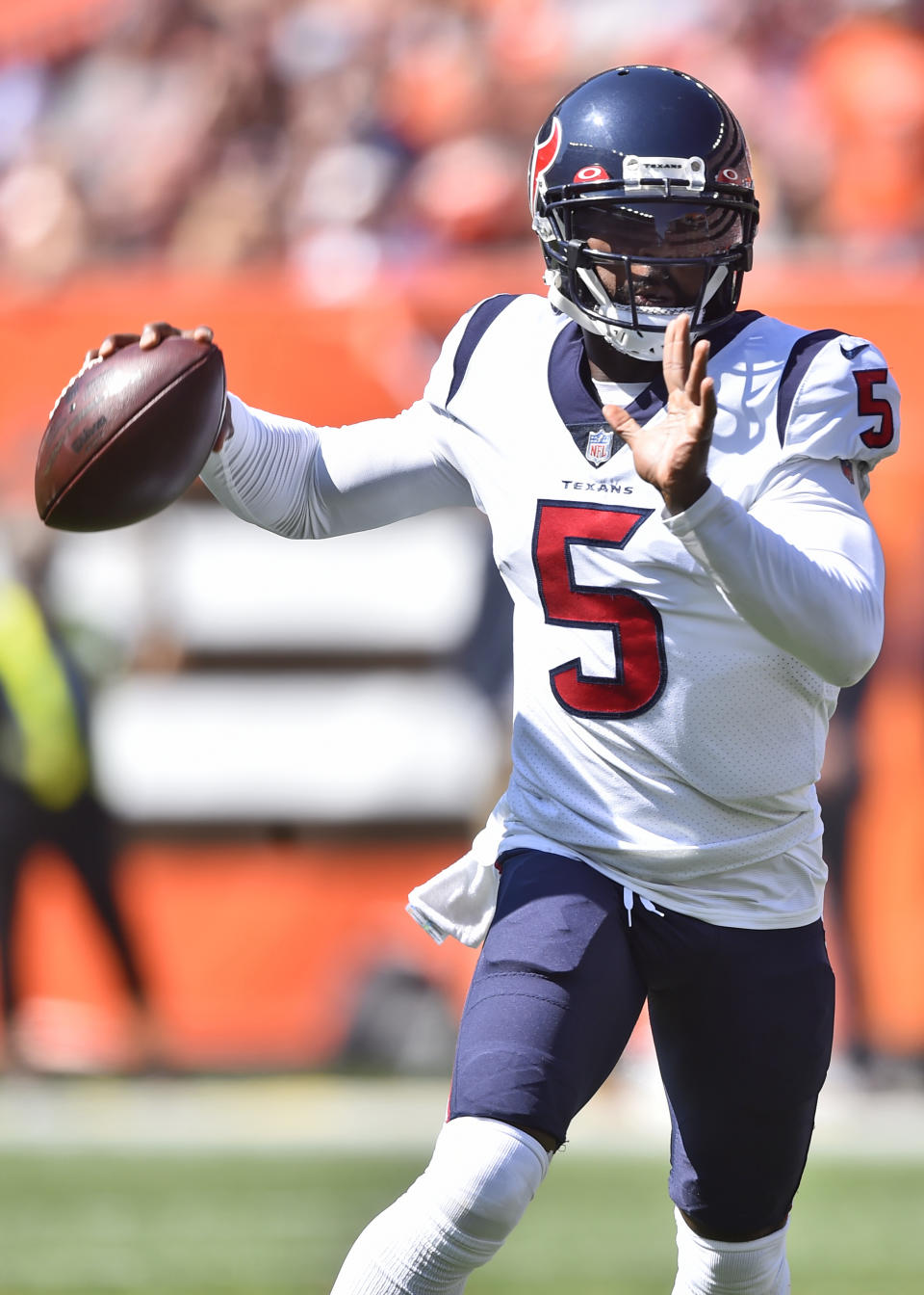 Houston Texans quarterback Tyrod Taylor looks to throw during the first half of an NFL football game against the Cleveland Browns, Sunday, Sept. 19, 2021, in Cleveland. (AP Photo/David Richard)