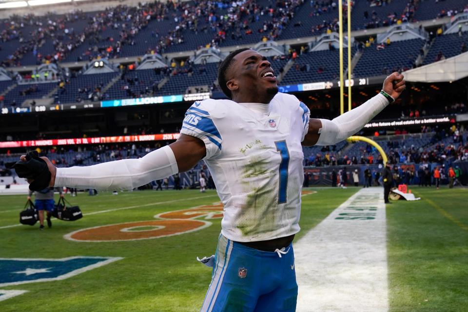 Lions cornerback Jeff Okudah celebrates after beating the Bears, 31-30,  in Chicago on Sunday, Nov. 13, 2022.