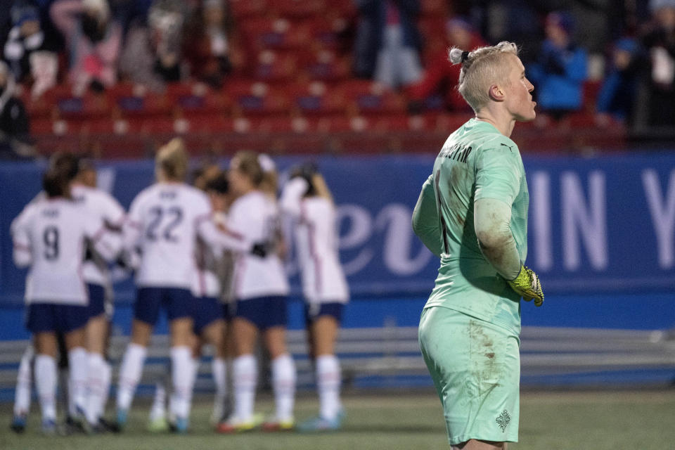 Iceland goalkeeper Sandra Sigurdardottir reacts after giving up a goal to the United State during the first half of a SheBelieves Cup soccer match Wednesday, Feb. 23, 2022, in Frisco, Texas. (AP Photo/Jeffrey McWhorter)