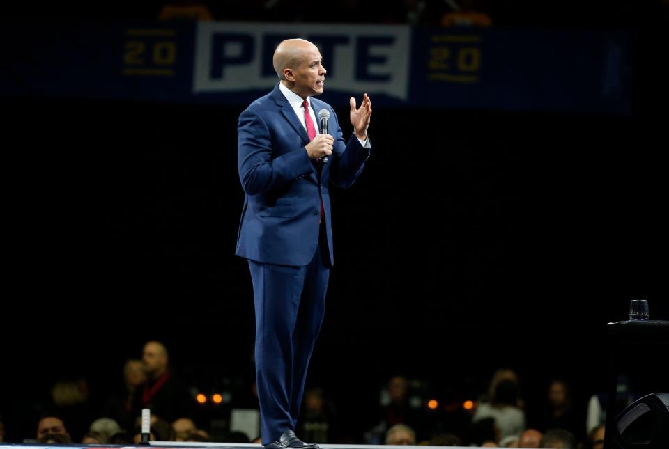 Democratic presidential candidate hopeful Cory Booker speaks during the Liberty and Justice Celebration on Friday, Nov. 1, 2019, in Des Moines.