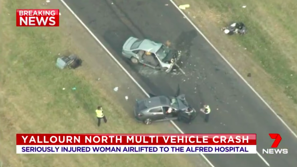 The two-car crash happened at Brown Coalmine Road near Yallourn North about 3.30pm on Monday. Source: 7 News