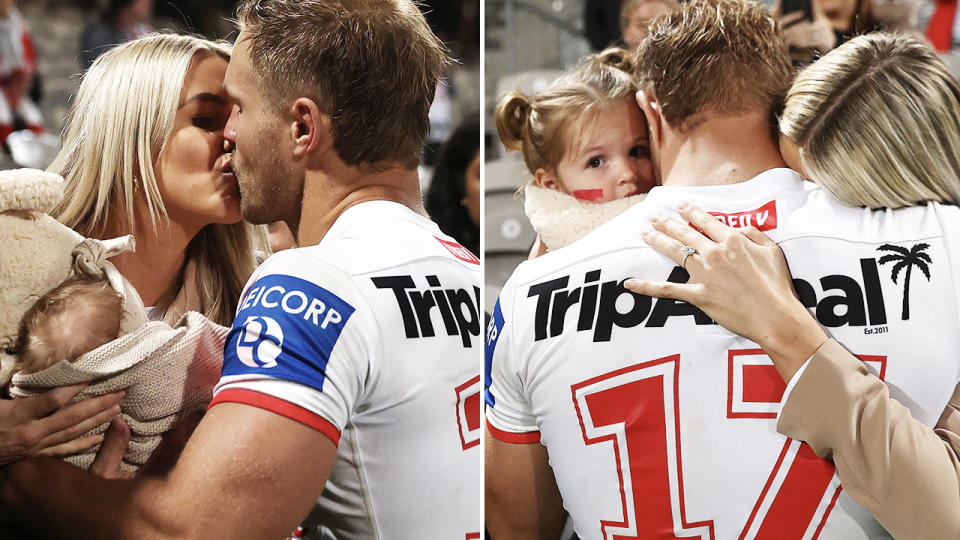 Jack de Belin, pictured here with his partner and children after the Dragons' win over the Broncos.