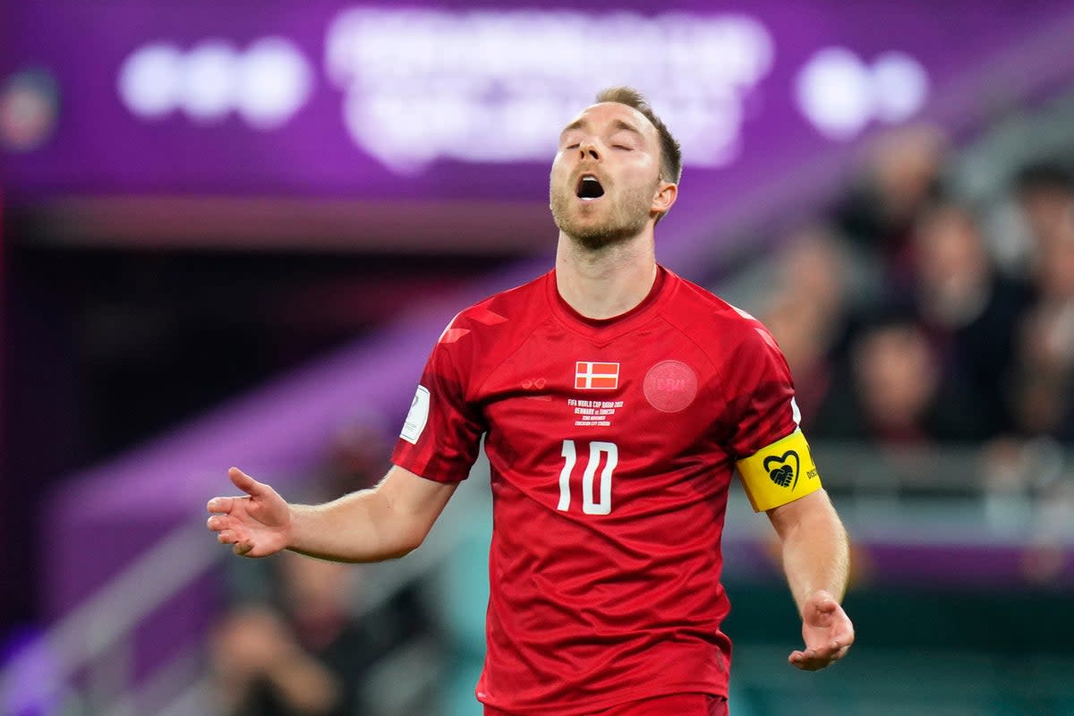 Denmark’s Christian Eriksen reacts during his side’s World Cup goalless draw with Tunisia (Petr David Josek/AP) (AP)