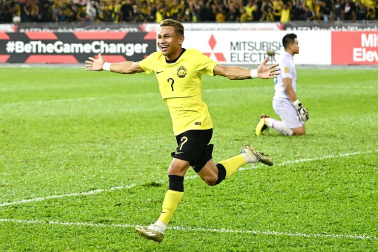 El futbolista de Malasia Faisal Halim festeja un gol marcado en semifinales de la Copa AFF Mitsubishi Electric contra Tailandia el 7 de enero de 2023 en Kuala Lumpur (Mohd Rasfan)