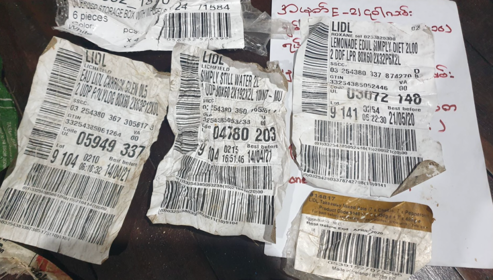 Labels from a Lidl UK branch in Lichfield, north of Birmingham, were discovered in low-income communities in Myanmar (Supplied to The Independent)
