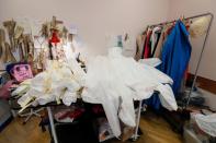 A view shows medical protective coveralls in the show room of Ukrainian fashion designer Frolov in Kiev