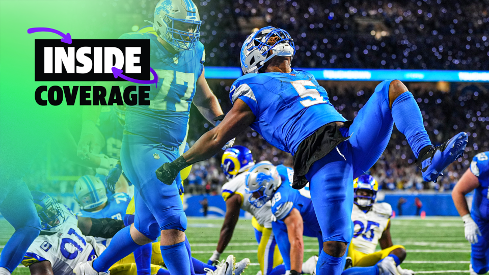 DETROIT, MI - SEPTEMBER 8: David Montgomery #5 of the Detroit Lions celebrates scoring the game-winning touchdown in overtime against the Los Angeles Rams during a football game at Ford Field on September 8, 2024 in Detroit, Michigan. (Photo by Cooper Neill/Getty Images)