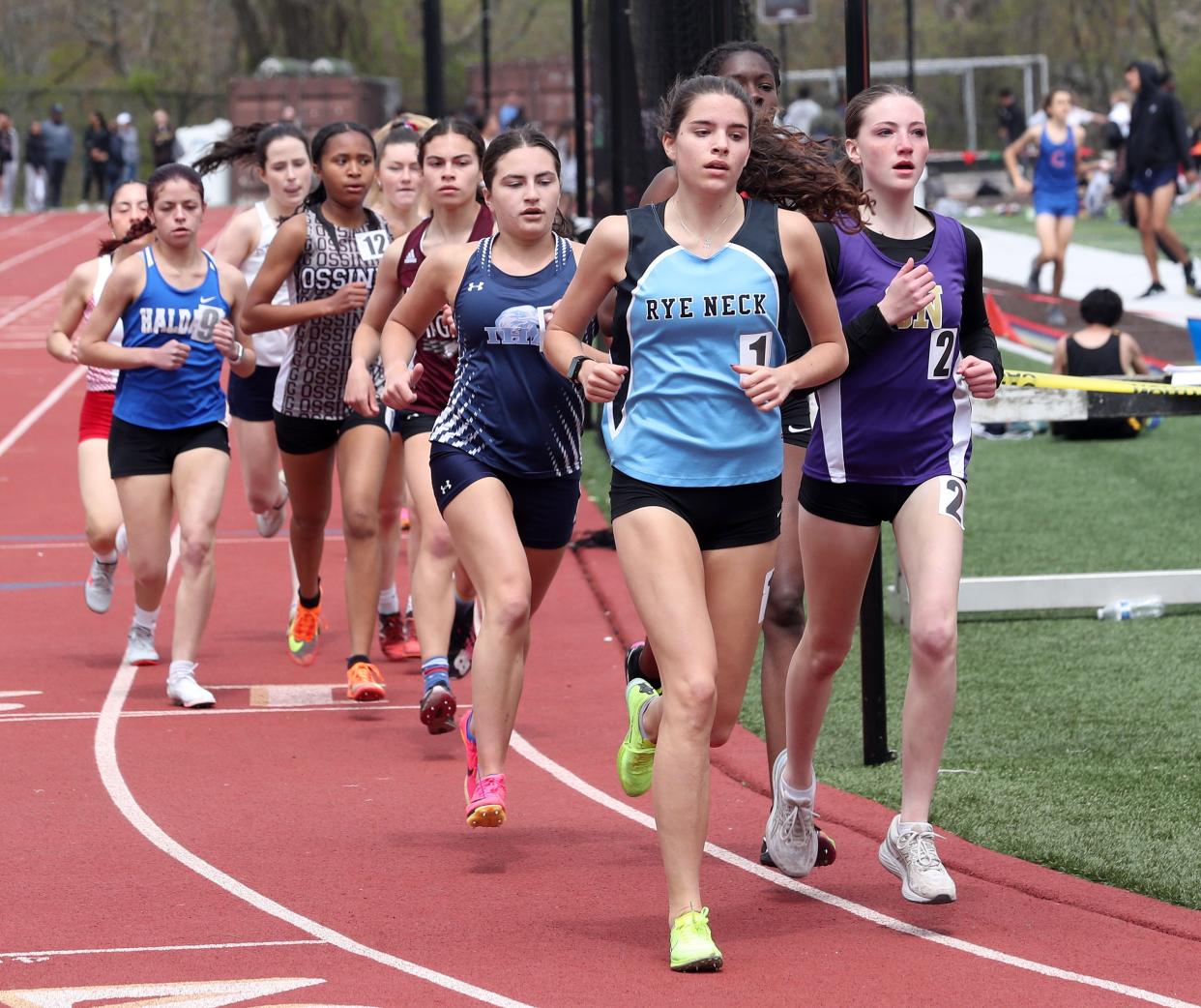 Rye Neck's Ainara Schube Barriola on her way to winning the girls 1600 Meter Run at the annual Gold Rush Invitational track and field meet at Clarkstown South High School in West Nyack Aril 27, 2024.