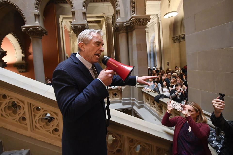 FILE - Robert F. Kennedy, Jr., speaks against proposed Democratic bills that would add new doses of vaccines to attend school, during a protest rally on behalf of New York state families against the vaccination of children at the Capitol, Wednesday, Jan. 8, 2020, in Albany, N.Y. (AP Photo/Hans Pennink, File)