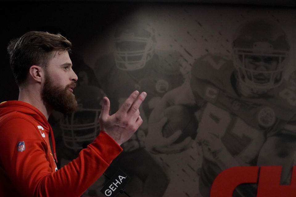 Kansas City Chiefs place kicker Harrison Butker talks to the media before an NFL football workout Friday, Feb. 3, 2023, in Kansas City, Mo. The Chiefs are scheduled to play the Philadelphia Eagles in Super Bowl LVII on Sunday, Feb. 12, 2023. (AP Photo/Charlie Riedel)