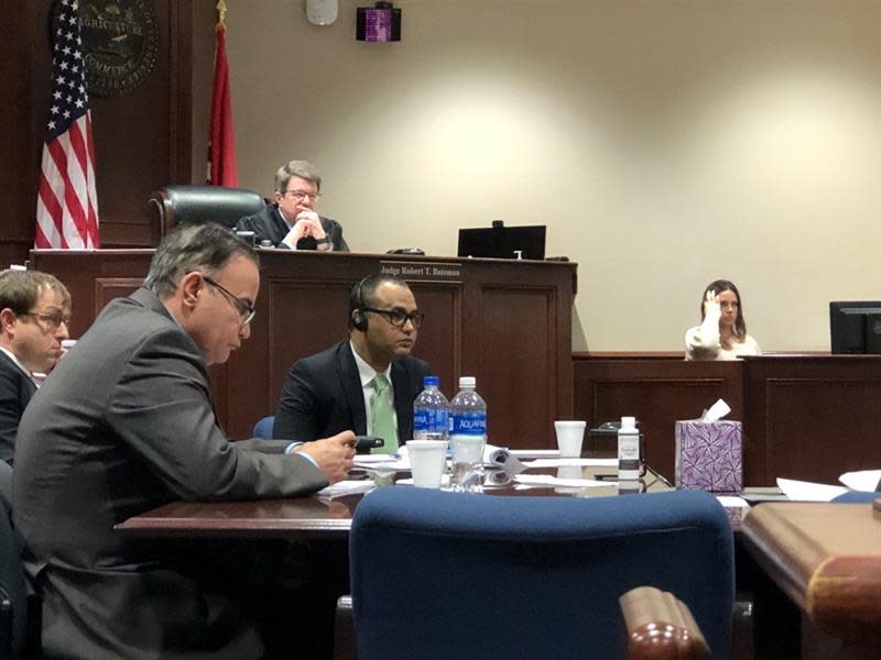 Arabic Interpreter Hebba Abulsaad, left, and defendant Hamid Houbbadi, right, seen in Judge Robert Bateman courtroom in Montgomery County courthouse Tuesday afternoon. Jan. 25, 2022