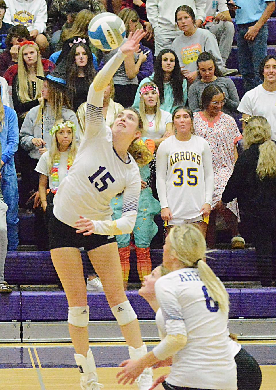Watertown's Hannah Herzog hits the ball over the net during an Eastern South Dakota Conference volleyball match against Aberdeen Central on Tuesday, Oct. 25, 2022 in the Watertown Civic Arena. Aberdeen Central won 3-1.