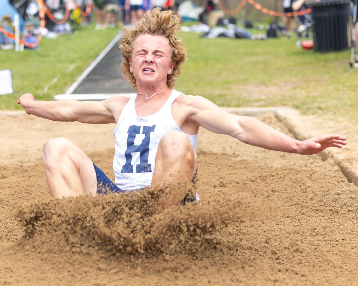 Hartland's Evan Bryan won the long jump during the Brighton Bulldog Invitational Saturday, April 27, 2024.