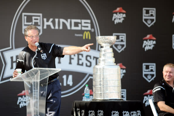 EL SEGUNDO, CA - SEPTEMBER 14: Dean Lombardi, General Manager of the Los Angeles Kings, answers questions form fans during the Los Angeles Kings Hockey Fest at Toyota Sports Center on September 14, 2014 in El Segundo, California. (Photo by Aaron Poole/NHLI via Getty Images)