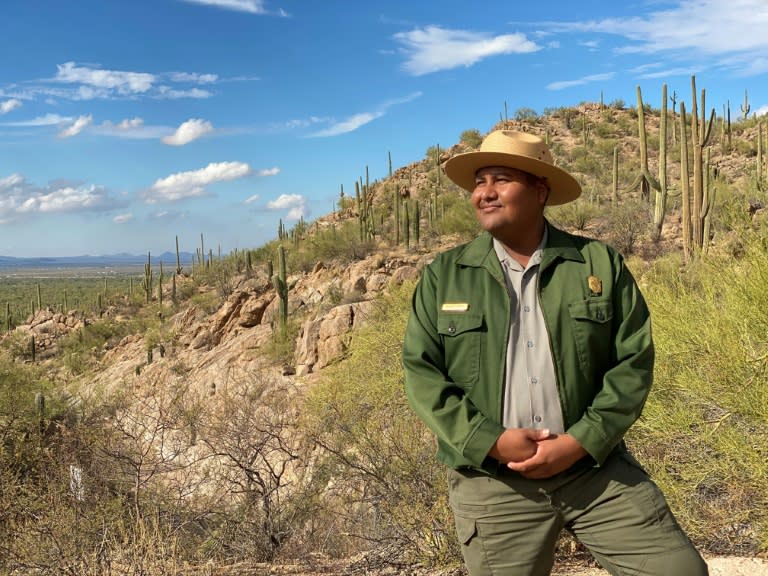 Raeshaun Ramon, ranger at Saguaro National Park, is proud to be the first member of his Native American community to work at the Arizona park (Lucie AUBOURG)