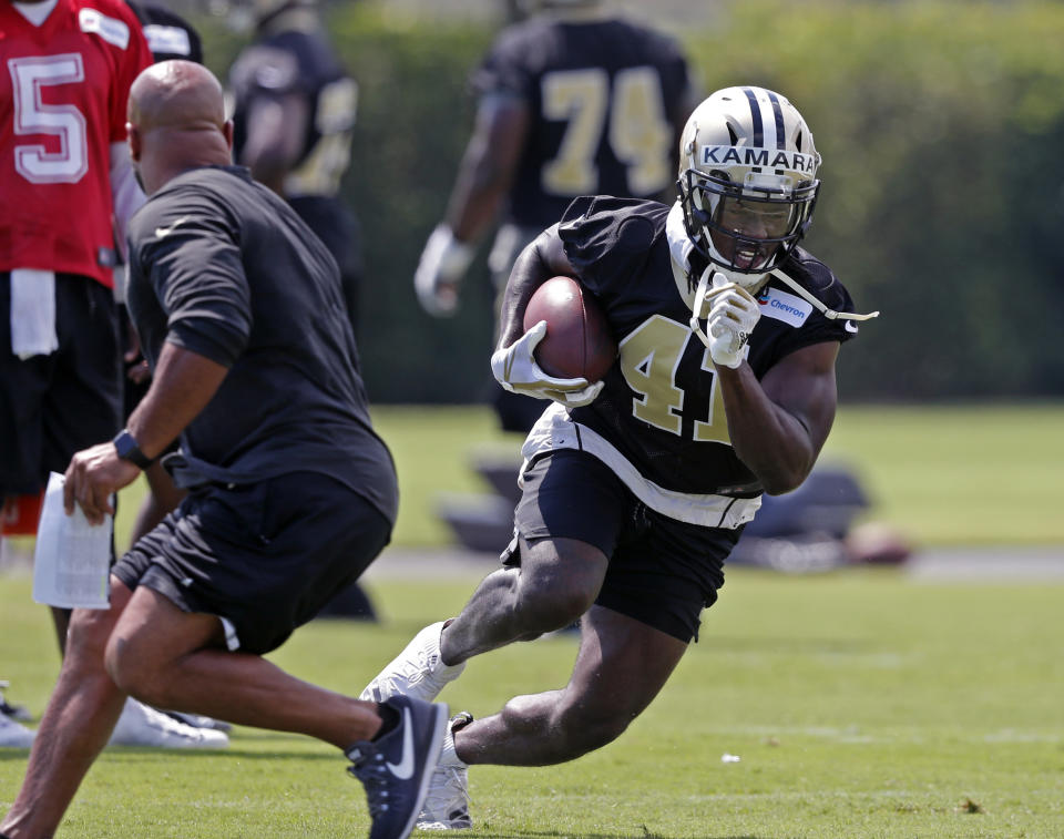 Alvin Kamara’s fantasy setup is just about ideal. Draft and enjoy. (AP Photo/Gerald Herbert)