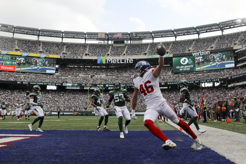 New York Giants tight end Austin Allen (46) celebrates scoring a touchdown in the second half of a preseason NFL football game against the New York Jets, Sunday, Aug. 28, 2022, in East Rutherford, N.J. (AP Photo/John Munson)