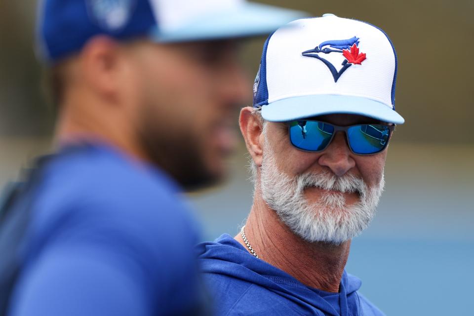 Feb 15, 2024; Dunedin, FL, USA; Toronto Blue Jays bench coach Don Mattingly (23) participates in workouts at the Blue Jays Player Development Complex. Mandatory Credit: Nathan Ray Seebeck-USA TODAY Sports