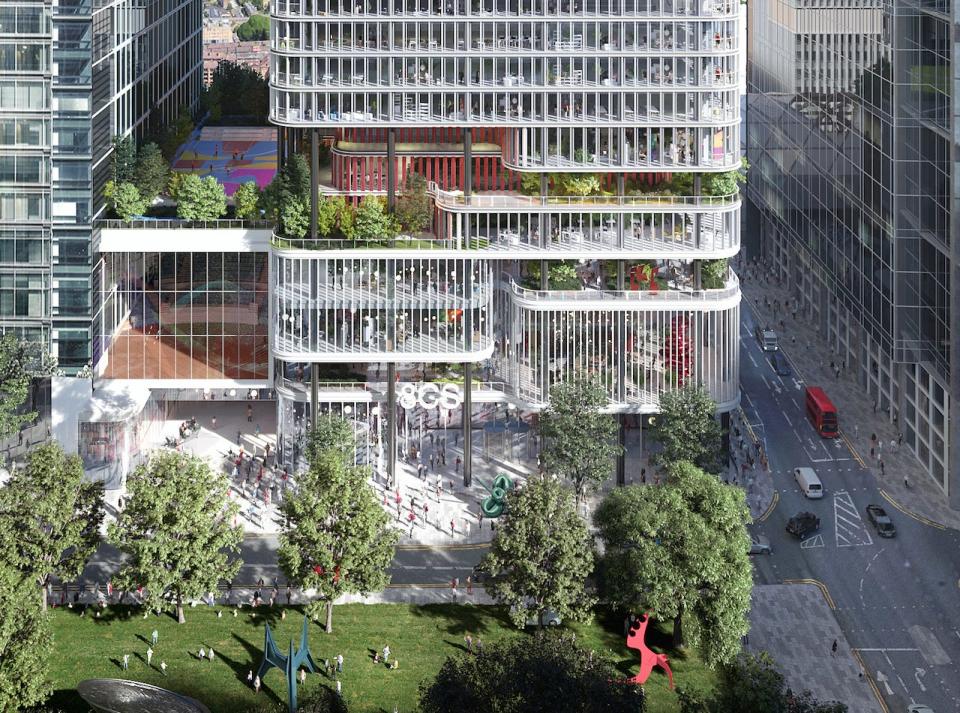 A mockup of the planned redevelopment of a skyscraper. Looking down from above at the entrance to a glass tower with open spaces for greenery. Opposite the building is a green park space.