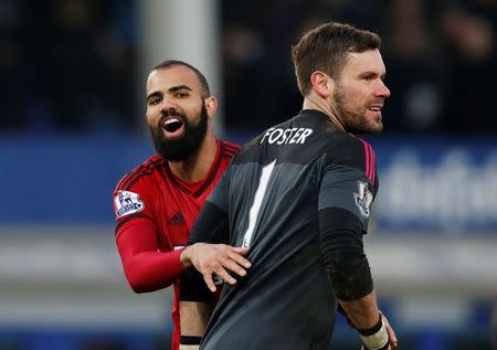 Football Soccer - Everton v West Bromwich Albion - Barclays Premier League - Goodison Park - 13/2/16 West Brom's Sandro and Ben Foster celebrate at the end of the match Reuters / Andrew Yates Livepic