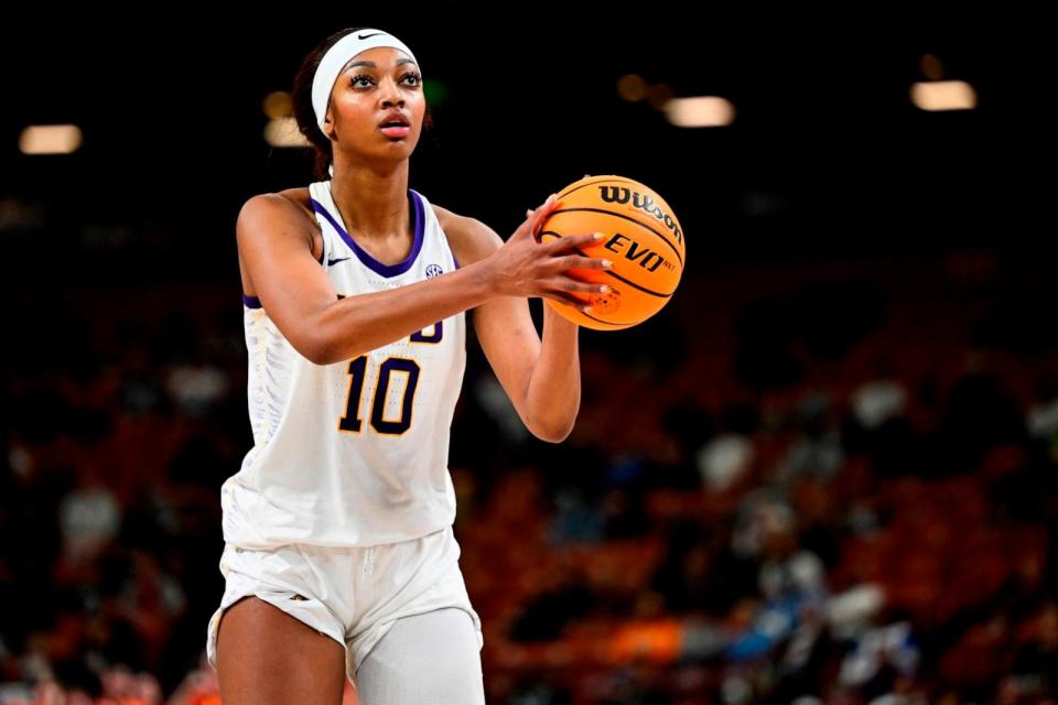 PHOTO: Angel Reese of the LSU Lady Tigers takes a free throw against the Ole Miss Rebels in the third quarter during the semifinals of the SEC Women's Basketball Tournament at Bon Secours Wellness Arena on March 9, 2024 in Greenville, S.C. (Eakin Howard/Getty Images, FILE)