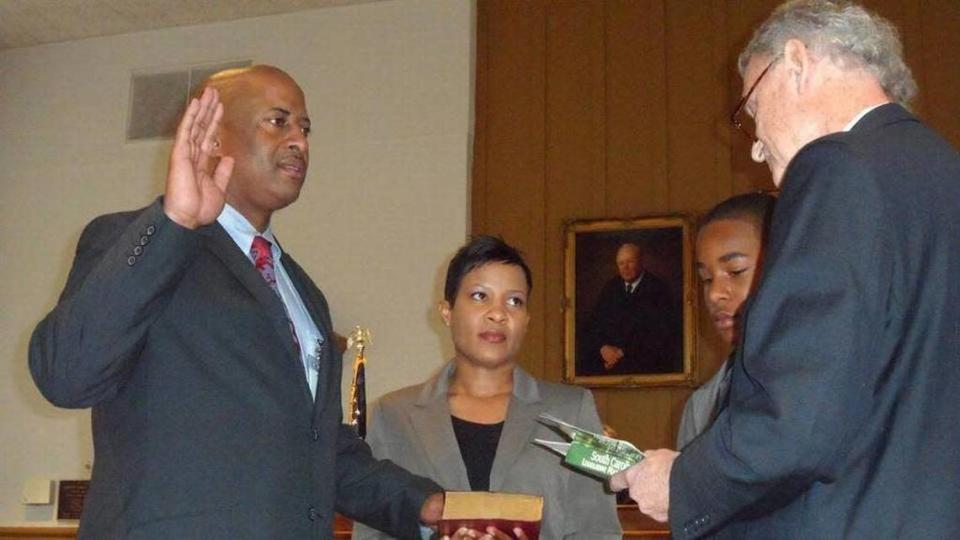 Chester County Magistrate Judge Angel Underwood, center, in 2013 as her husband, Sheriff Alex Underwood, was sworn in to office.