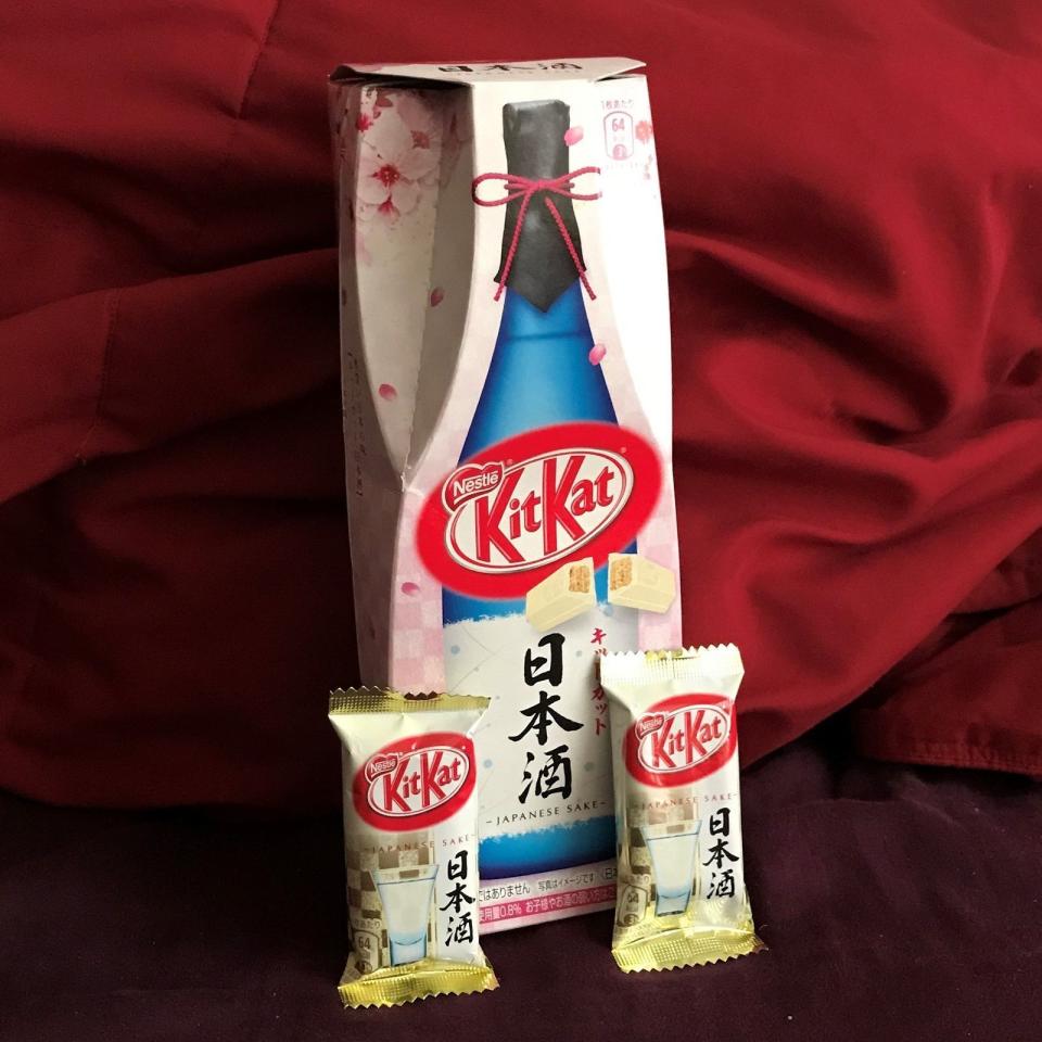 <p>Big-name brands have added rum, tequila and vodka to chocolate before, so we shouldn't be so turned off by this sake-flavoured <a rel="nofollow noopener" href="http://www.ebay.com/itm/Nestle-KitKat-Japanese-Sake-Flavored-Chocolate-OPENED-Box-with-2-Kit-Kat-Bars-/172770435474?hash=item2839eba192:g:rQIAAOSwf~9ZYUq6" target="_blank" data-ylk="slk:KitKat bar;elm:context_link;itc:0;sec:content-canvas" class="link ">KitKat bar</a>. </p><p>Yet something about it just seems wrong.</p>