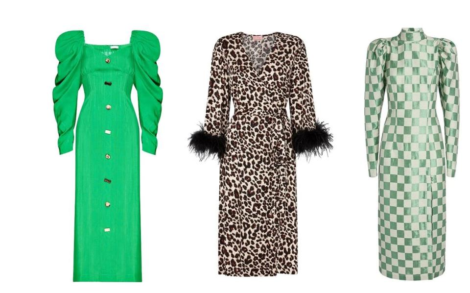 Rejina Pyo dress, to rent from £92 for four days, available to book in advance at Selfridges; Kitri Aurelie leopard wrap dress, to rent from £69 a month for two pieces, On Loan; Rotate Birger Christensen Theresa checked jacquard midi dress, rent from £39 for four days, available to book in advance on Rotaro