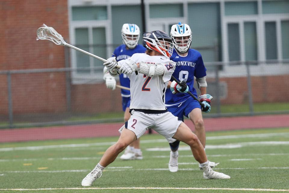 Briarcliff's Brandon Rispoli (2) fires a shot for a first half goal against Bronxville during the Section 1 Class D championship game at Lakeland High School in Shrub Oak May 27, 2022. Briarcliff won the game 14-4.