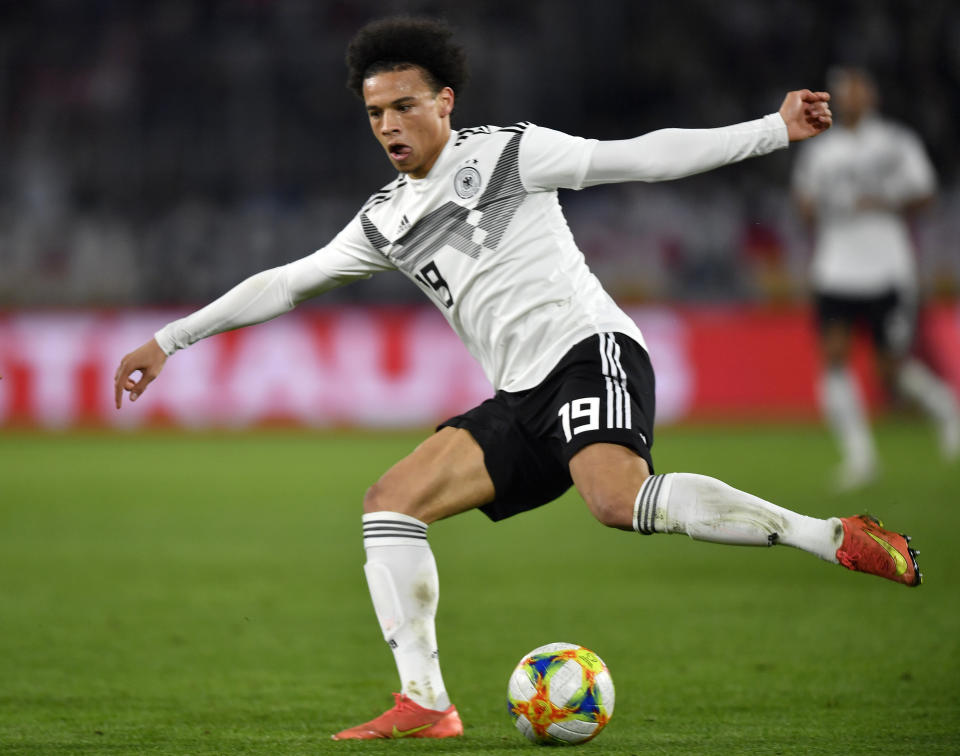 Germany's Leroy Sane controls the ball during a international friendly soccer match between Germany and Serbia at the Volkswagen Arena stadium in Wolfsburg, Germany, Wednesday, March 20, 2019. (AP Photo/Martin Meissner)