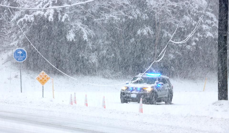 Route 28 in Falmouth closed for hours Tuesday - northbound and southbound - after power lines fell across the main thoroughfare.