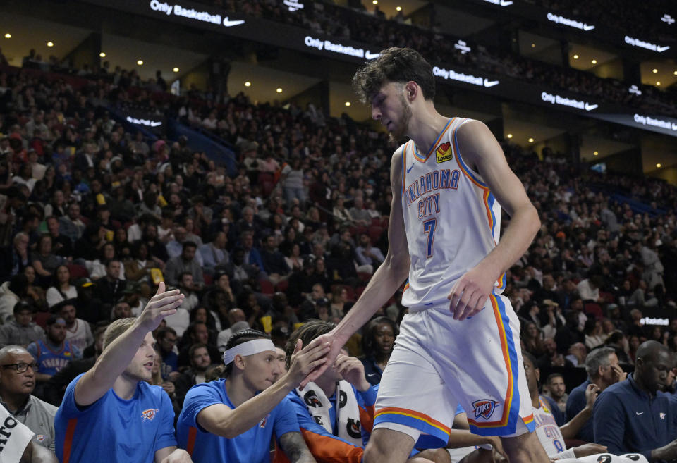 Oct 12, 2023; Montreal, Quebec, CAN; Oklahoma City Thunder center Chet Holmgren (7) comes back to the bench during the fourth quarter against the Detroit Pistons at the Bell Centre. Mandatory Credit: Eric Bolte-USA TODAY Sports