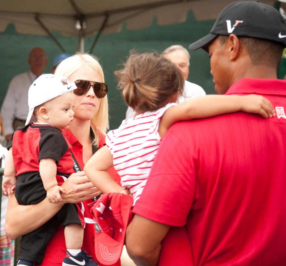 &nbsp;Tiger Woods is greeted by his son Charlie Woods, wife Elin Woods and daughter Sam Woods after the final round of the 2009 AT&amp;T National hosted by Tiger Woods, held at Congressional Country Club on July 5, 2009 in Bethesda, Maryland. (Photo by Darren Carroll/Getty Images)