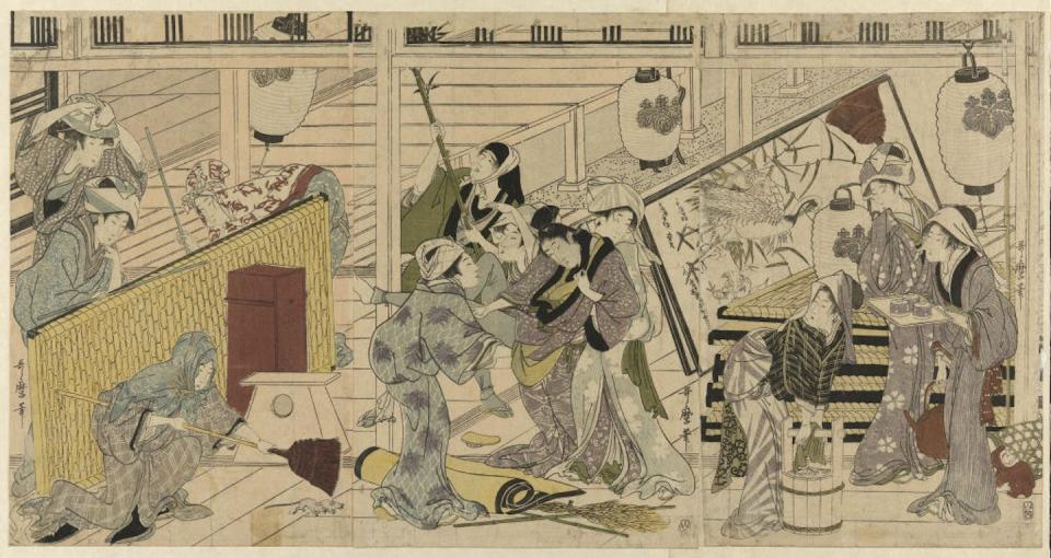 A scene of housecleaning in preparation for the new year by artist Kitagawa Utamaro in the late 1700s. <a href="https://www.gettyimages.com/detail/news-photo/house-cleaning-in-preparation-for-the-new-year-japan-circa-news-photo/1365701151?phrase=cleaning%20new%20year%20japan&adppopup=true" rel="nofollow noopener" target="_blank" data-ylk="slk:Heritage Art/Heritage Images via Getty Images;elm:context_link;itc:0;sec:content-canvas" class="link ">Heritage Art/Heritage Images via Getty Images</a>