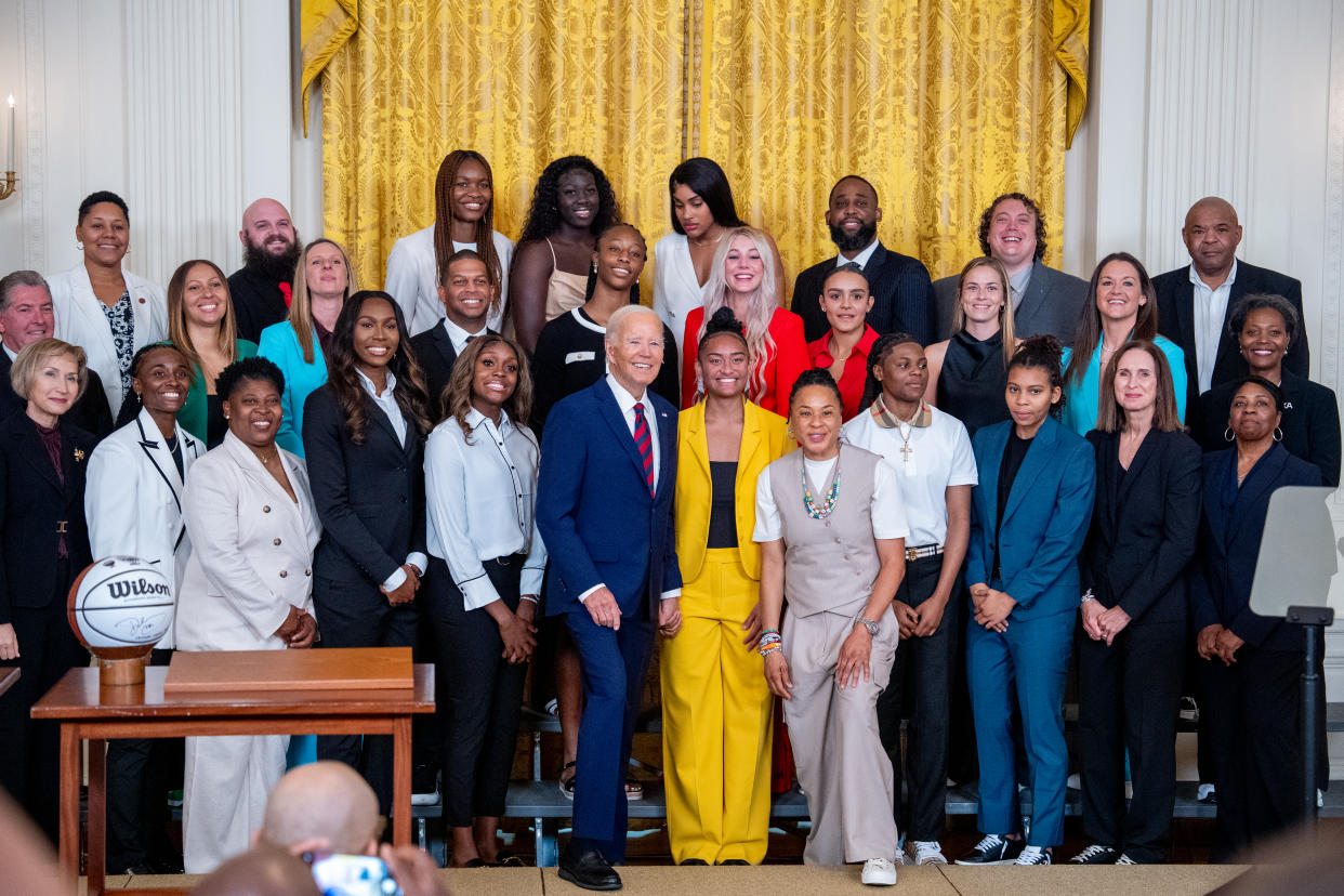 WASHINGTON, DC - SEPTEMBER 10: U.S. President Joe Biden poses for a photograph during an event to celebrate the 2023-2024 University of South Carolina Gamecocks Women's Basketball NCAA championship team in the East Room at the White House on September 10, 2024 in Washington, DC. The Gamecocks ended their season undefeated and beat the Iowa Hawkeyes 87-75 for their third NCAA Championship with Head Coach Dawn Staley. (Photo by Andrew Harnik/Getty Images)