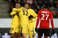 Soccer Football - Coupe de la Ligue - Stade Rennes vs Paris St Germain - Roazhon Park, Rennes, France - January 30, 2018 Paris Saint-Germain’s Thomas Meunier celebrates with Neymar and Kylian Mbappe after scoring their first goal REUTERS/Stephane Mahe