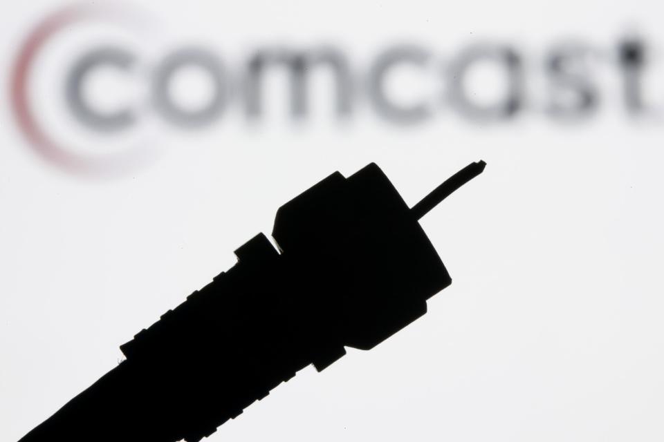 FILE - In this July 30, 2008 file photo illustration, a silhouetted coaxial cable is photographed with the Comcast Corp. logo in the background in Philadelphia.Comcast Corp. announced Thursday that it is buying Time Warner Cable Inc. for $45.2 billion in stock. The deal combines two of the nation's top pay TV and Internet service companies and makes Comcast, which also owns NBCUniversal, a dominant force in both creating and delivering entertainment to U.S. homes. (AP Photo/Matt Rourke, file)