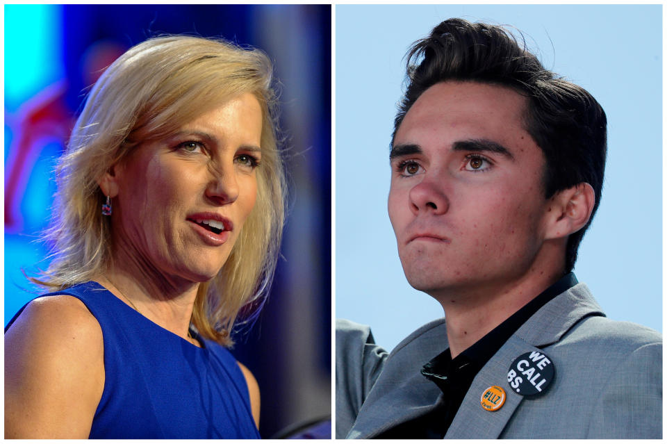 La conductora de Fox News Laura Ingraham y el joven sobreviviente de la masacre de Parkland y activista pro control de armas David Hogg, de 17 años. (Reuters)