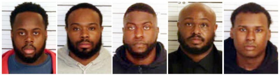 This combo of booking images provided by the Shelby County Sheriff’s Office shows, from left, Tadarrius Bean, Demetrius Haley, Emmitt Martin III, Desmond Mills, Jr. and Justin Smith. The five former Memphis police officers have been charged with second-degree murder and other crimes in the arrest and death of Tyre Nichols, a Black motorist who died three days after a confrontation with the officers during a traffic stop, records showed Thursday, Jan. 26, 2023. (Shelby County Sheriff’s Office via AP)