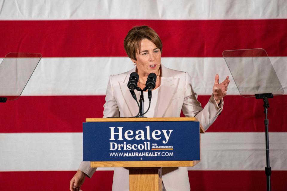 Democratic Massachusetts Governor Elect Maura Healey celebrates victory and delivers a speech during a watch party at the Copley Plaza hotel on election night in Boston, Massachusetts on November 8, 2022.