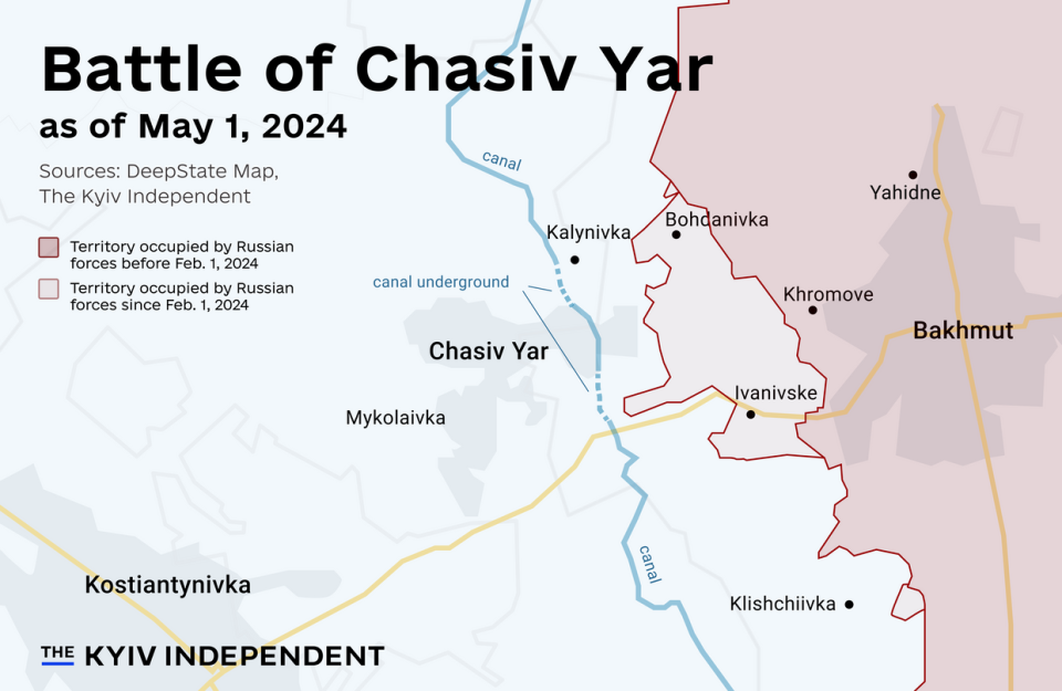 Map of Chasiv Yar and surrounds as of May 1st, 2024. (Francis Farrell / The Kyiv Independent)