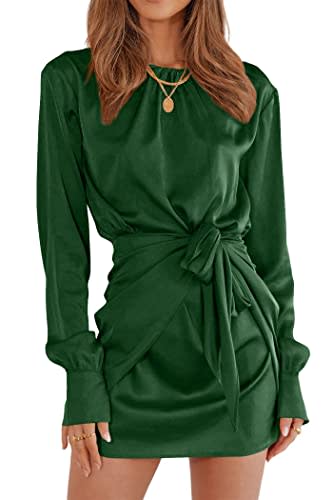 PRETTYGARDEN Women's 2023 Fall Satin Dress Long Sleeve Tie Waist Elegant Cocktail Party Mini Dresses (Dark Green,Large)