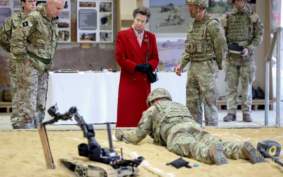 The Princess Royal speaks with military personnel during a visit to a Barracks in Bicester