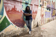 Aminata "Myamy TheAyGirl" Thiam, 31years - Old, poses for a photographs in Dakar, Senegal, Wednesday, Aug. 14, 2024. Aminata Thiam is Senegal's first female beatmaker. (AP Photo/Annika Hammerschlag)