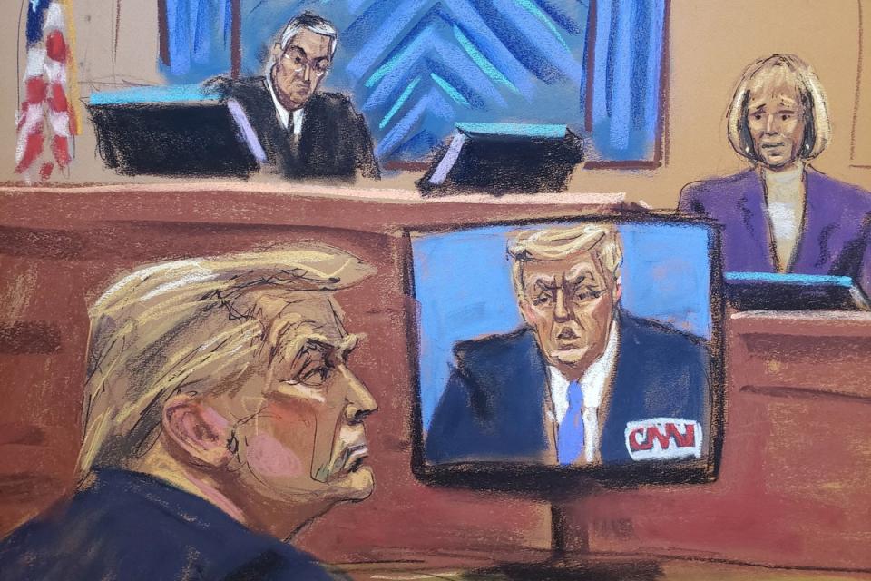 Court drawing of E Jean Carroll testifying as Donald Trump watches footage of himself on CNN (Reuters)