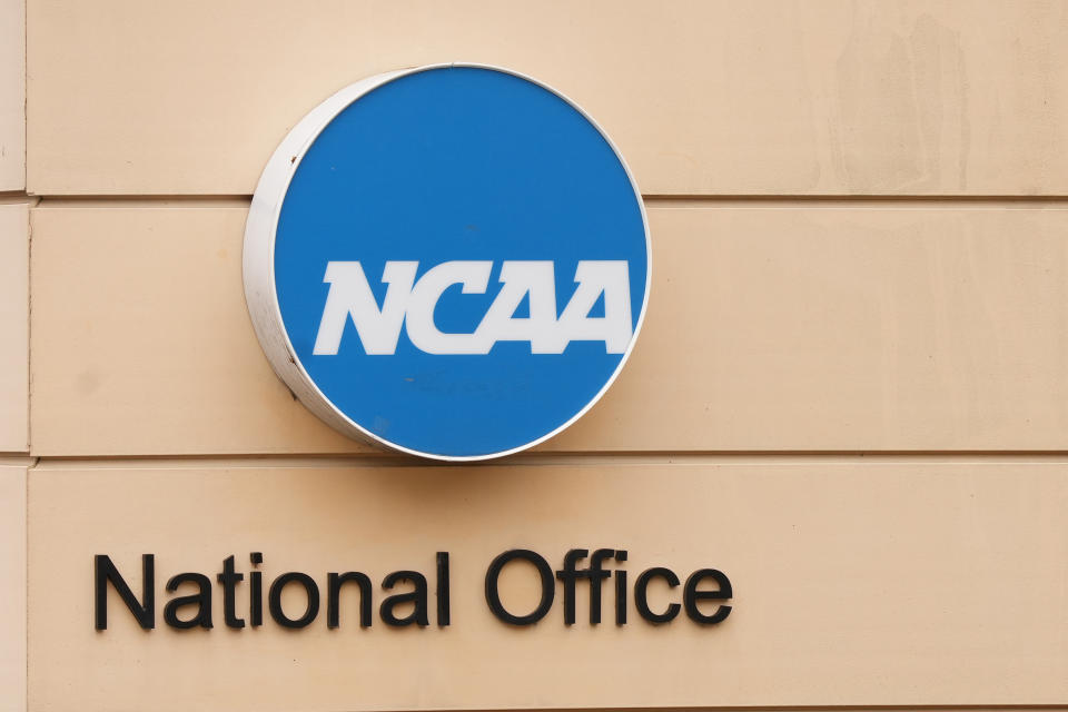 INDIANAPOLIS  INDIANA - FEBRUARY 28:   The NCAA logo on entrance sign outside of of the NCAA Headquarters on February 28, 2023 in Indianapolis, Indiana.  (Photo by Mitchell Layton/Getty Images)