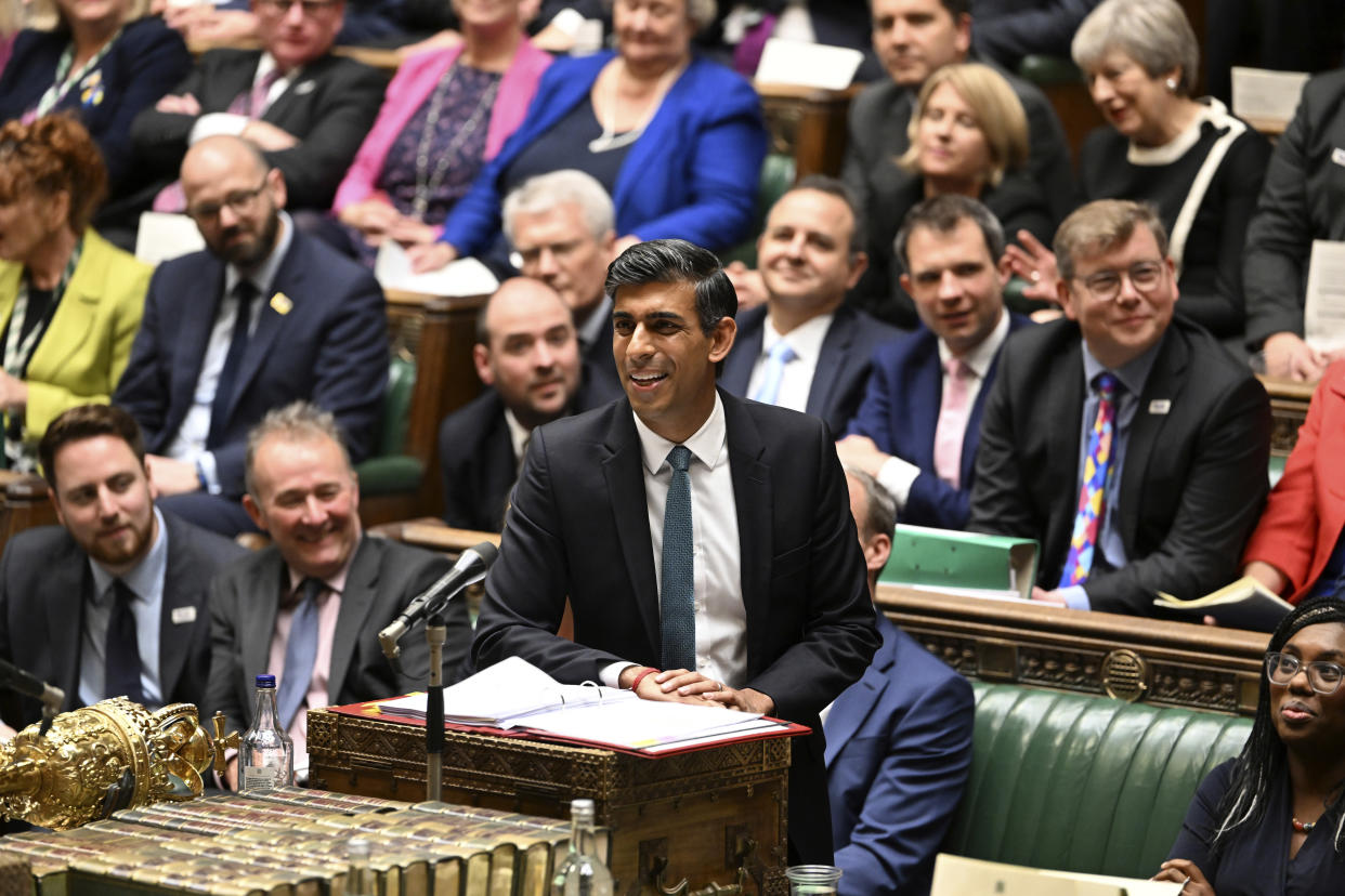 In this handout photo provided by UK Parliament, Britain's Prime Minister Rishi Sunak speaks during Prime Minister's Questions in the House of Commons in London, Wednesday, Oct. 26, 2022. (Jessica Taylor/UK Parliament via AP)