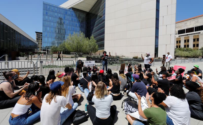 Protest against racial inequality in the aftermath of the death in Minneapolis police custody of George Floyd in Los Angeles